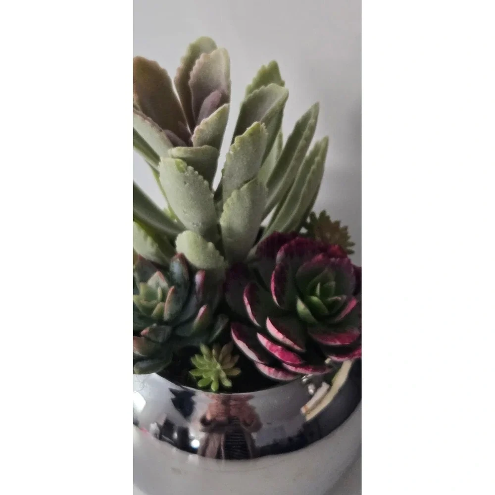 Handmade Artificial Succulent Arrangement in Silver Pot – Modern Home Decor